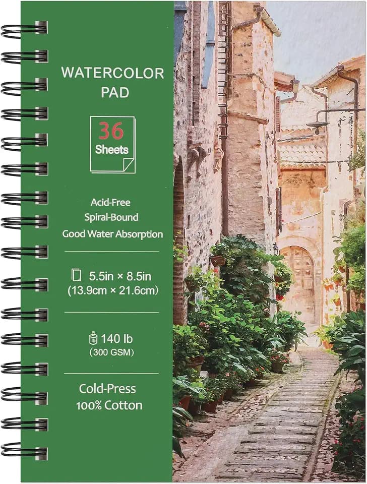 Prudiut 36 Sheets Watercolor Paper Pads 5.5x8.5”, 140 lb/300 GSM Cold Press Water Color Paper, Spiral Bound Watercolor Sketchbook for Watercolors, Art Painting, Journal