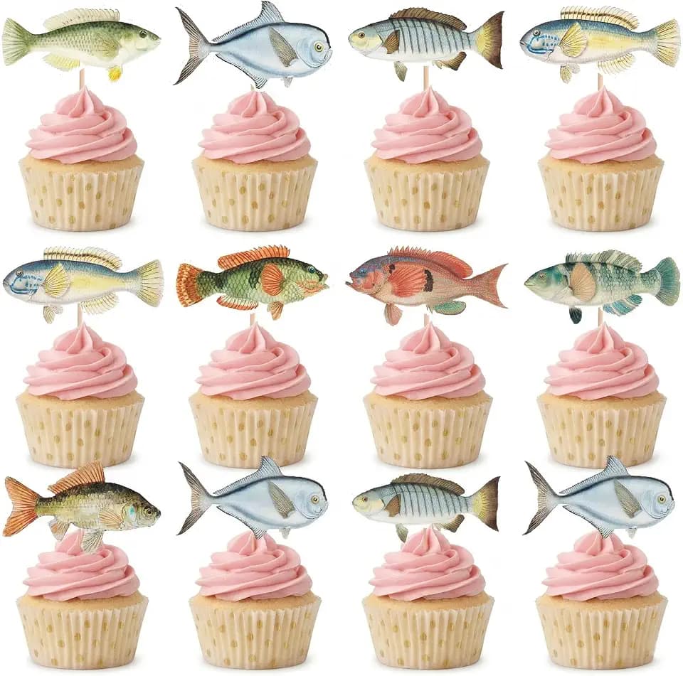 Birthday Decorations, 20Pcs 2 Side Fish Cupcake Toppers Fishing for Fish Theme Party Baby Shower Tropical Party Cake Picks Under The Sea Decoration Supplies (20 pcs)