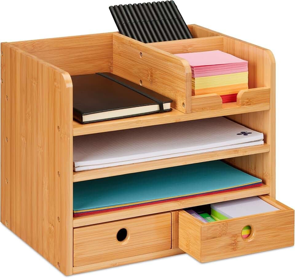 Relaxdays Schreibtisch Organizer, 2 Schubladen, 5 Fächer, HxBxT: 26,5 x 33 x 24 cm, Bambus-Organizer fürs Büro, Natur