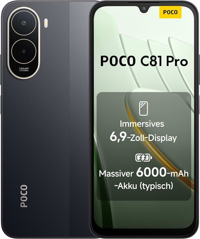 Poco C81 Pro Smartphone, 4 GB + 256 GB, Handy, 6000 mAh Akku, 120 Hz Bildschirm, 6,9 Zoll Display, 13 MP AI-Doppelkamera, schwarz, zusätzliche 1 Jahr Garantie