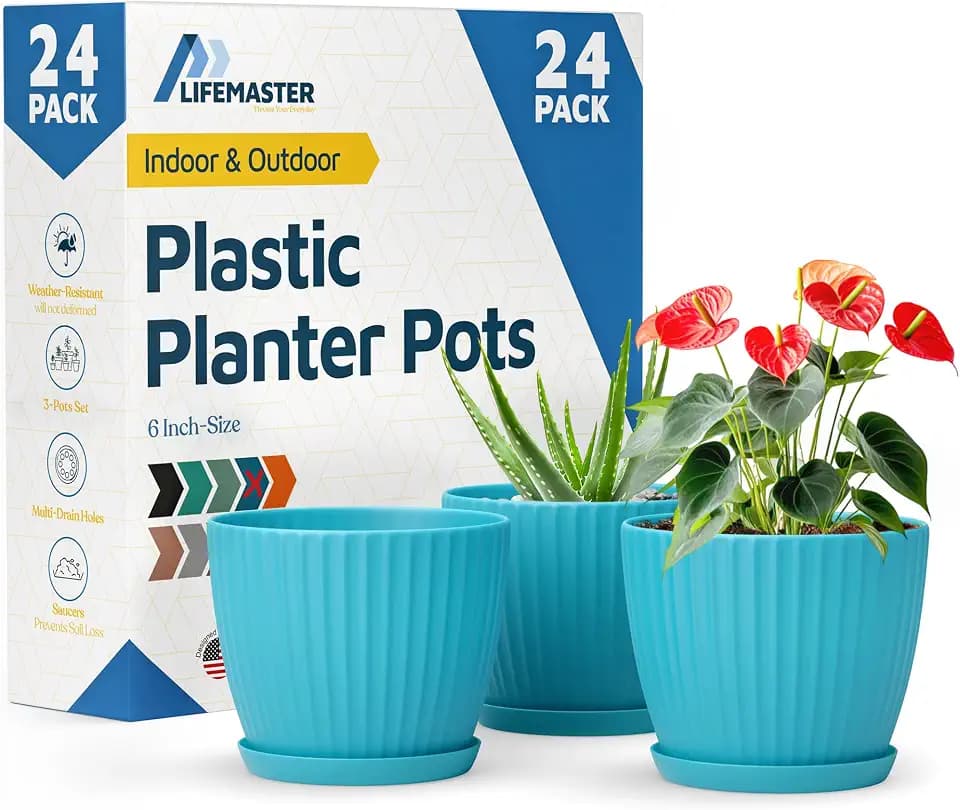 Blue 6-Inch Plant Pots with Drainage & Saucers 24 Pack, Indoor & Outdoor Planters for Houseplants, Herbs, and Flowers, Durable & Weatherproof Material, Stackable, Lightweight, Minimalist Design