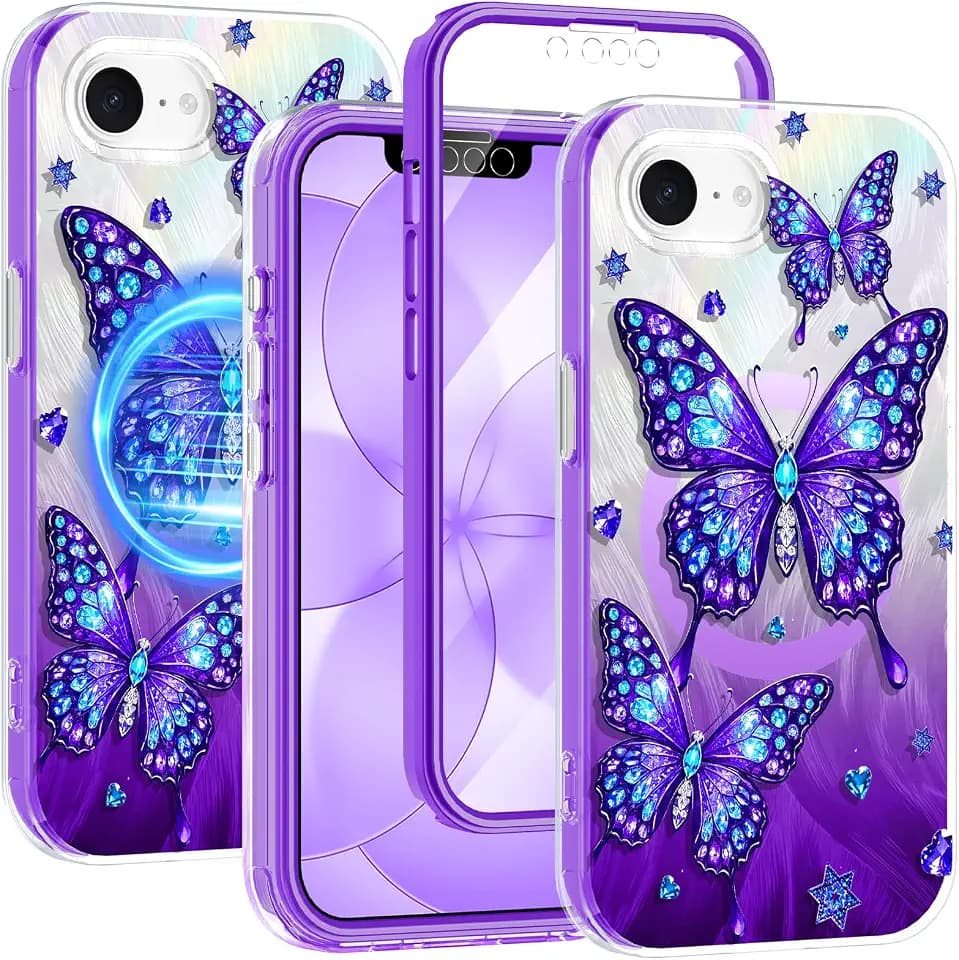 Rancase for iPhone 17e Case with Screen Protector, Clear Butterfly Design, Compatible with MagSafe, Hard PC&TPU Bumper Shockproof Protective Full Body Rugged Phone Cover Women, Magnetic-Violet