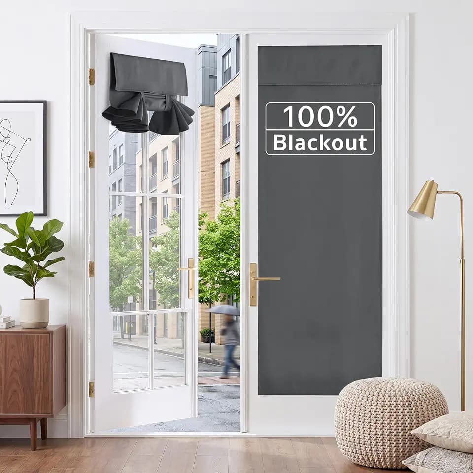 RYB HOME 2 Panels 100% Blackout French Door Curtains Set of 2 - W26 x L69, Grey - No Drill Door Window Curtains Thermal Insulated Privacy Assured Shades for Front Entrance