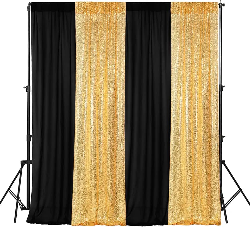 VitalCozy 4Pcs Photo Backdrop Curtain 2 Sequin 2 Chiffon, Black, Gold