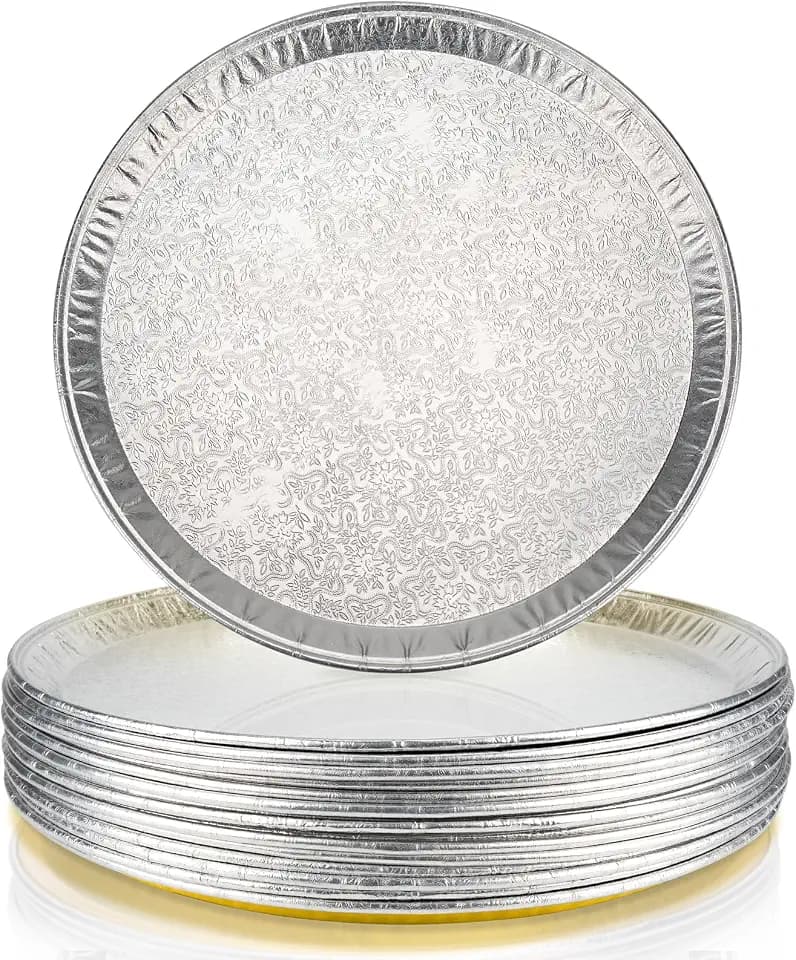 15 Pack 16 Inch Golden Embossed Foil Pizza Pans, Disposable Heavy Duty Aluminium Foil Serving Platters for Bakery, Cookies, Slices of Cake, Fruit, Catering Trays for Parties & Buffet