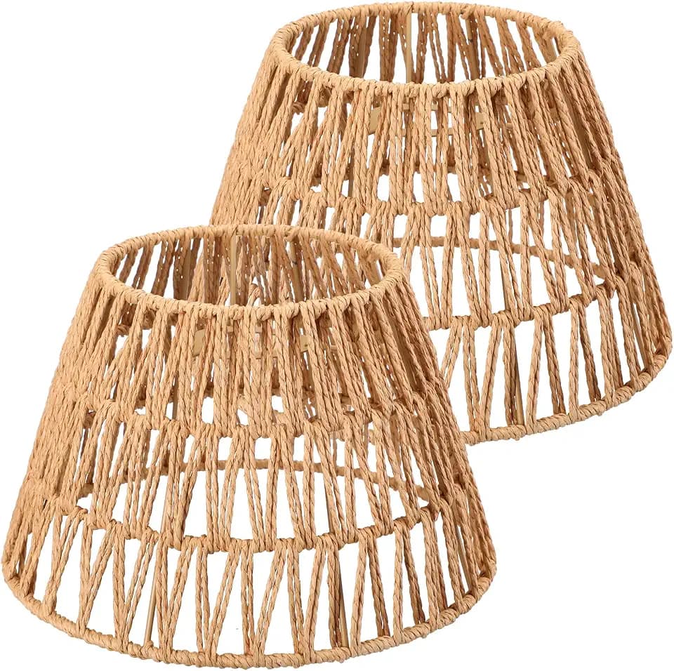 Large Lamp Shades Set of 2 Boho Rattan Shade Hand Woven Lampshade for Table Lamp Replacement Hand Crafted Farmhouse for Floor, Wall Sconce, 9.6 x 6.1 x 5.7Inch