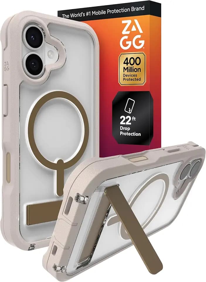 ZAGG Rainier Case with Kickstand for iPhone 17 - Gray Sandstone, Graphene 22ft (7m) Drop Protection, Lanyard Attach Points, MagSafe, Wireless Charging Compatible, 2-Piece Design, Phone Case
