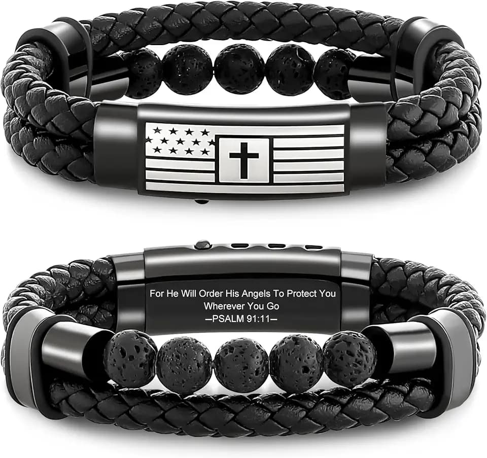Christian Gifts for Men – Christian Bracelet with Bible Verse & Cross – Adjustable Stainless Steel Mens Bracelets with Volcanic Stones, Leather Band & Velvet Gift Box for Religious Gifts