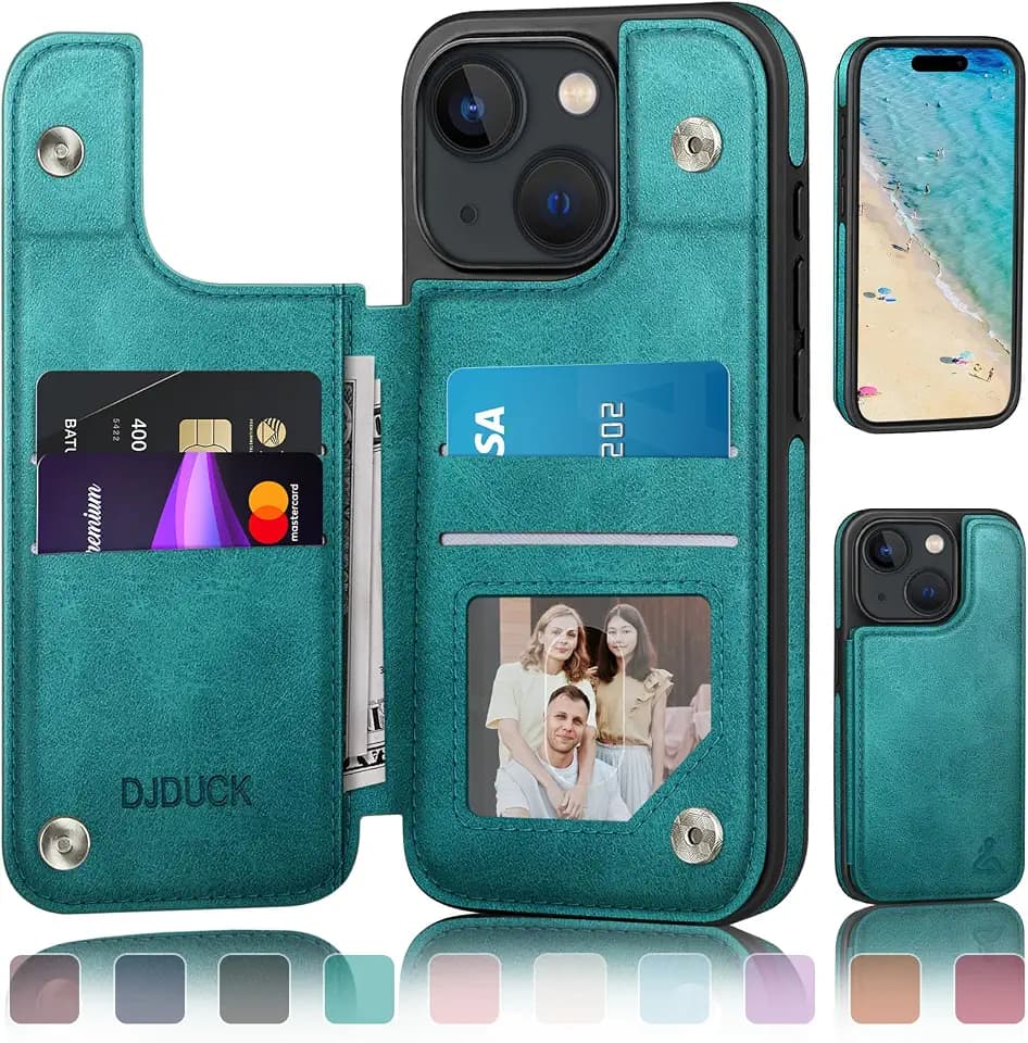 DJDUCK Designed for iPhone 15 Case Wallet with Card Holder, [Magnetic Clasp Cover] [RFID Blocking Leather Protection] Shockproof Women Men Cases 6.1 Inch for Apple 15 Blue Green