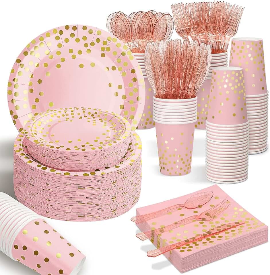 AIRE Pink Gold Paper Plates, 175PCS Disposable Dinnerware Set for 25 Guests