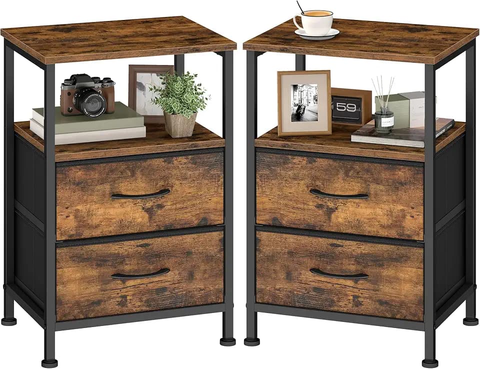 SONGMICS Nightstand with 2 Fabric Drawers, End Table with Open Shelf