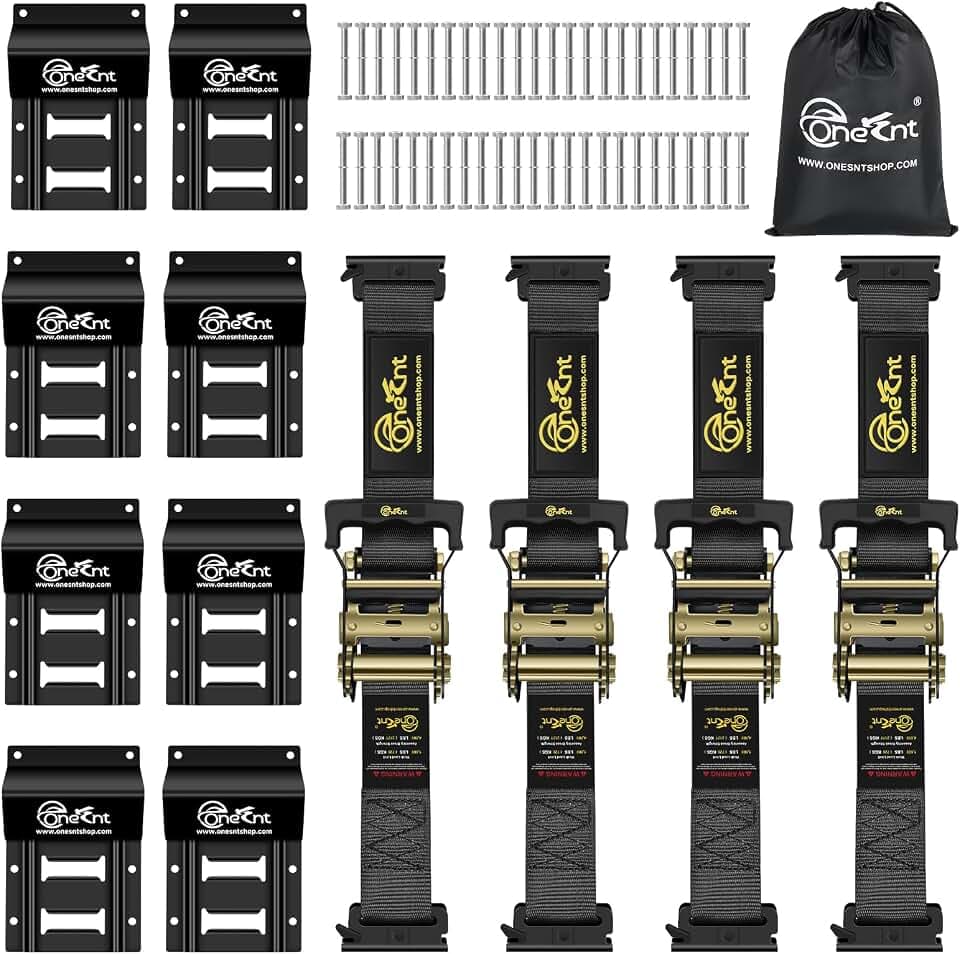 Onesnt E-Track Ratchet Straps with Wheel Chock Tie Down Kit (4,800lb) Black