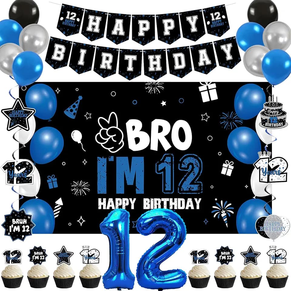 Vlipoeasn Blue 12th Birthday Decorations Set for Boys Girls(35PC)