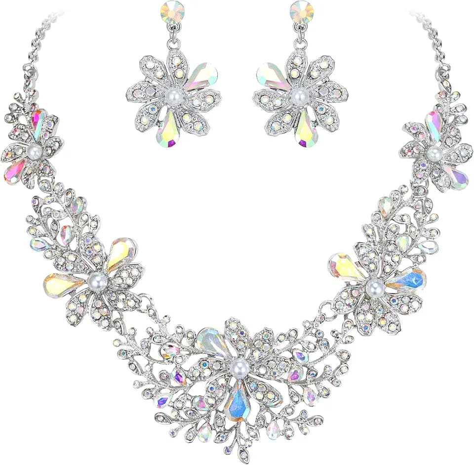 BriLove Women's Wedding Jewelery Set Leaf Flower Shiny Gorgeous Crystal Teardrop Simulated Pearl Cluster Statement Necklace Dangle Earrings for Bridal Party Prom Accessories
