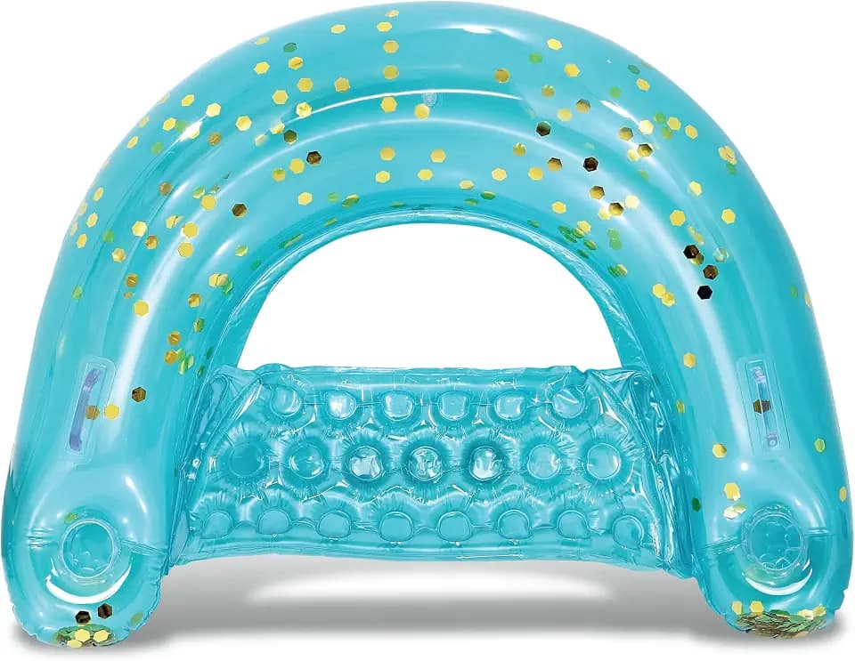 POZA Inflatable Pool Float Chair - Luxurious Lounger Filled with Sparkle Confetti, 2 Built in Cup Holders & Handles, Water Floating Chair for Beach, Lake & Swimming Pool - 48 x 38 Inch