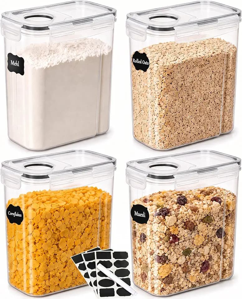 Vorratsdosen mit Deckel Luftdicht 4er Set, BPA frei Aufbewahrungsbox Küche | Filament Aufbewahrungsbox Mottensichere 4L Groß Organizer Mehl Spaghetti Cornflakes Müsli, Vorratsbehälter mit Etiketten