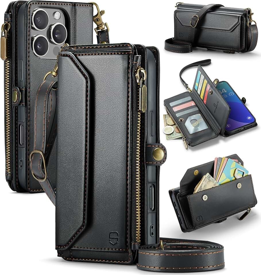 Strapurs for iPhone 16 Pro Max - Zipper Strap Wallet Case for Women, Black