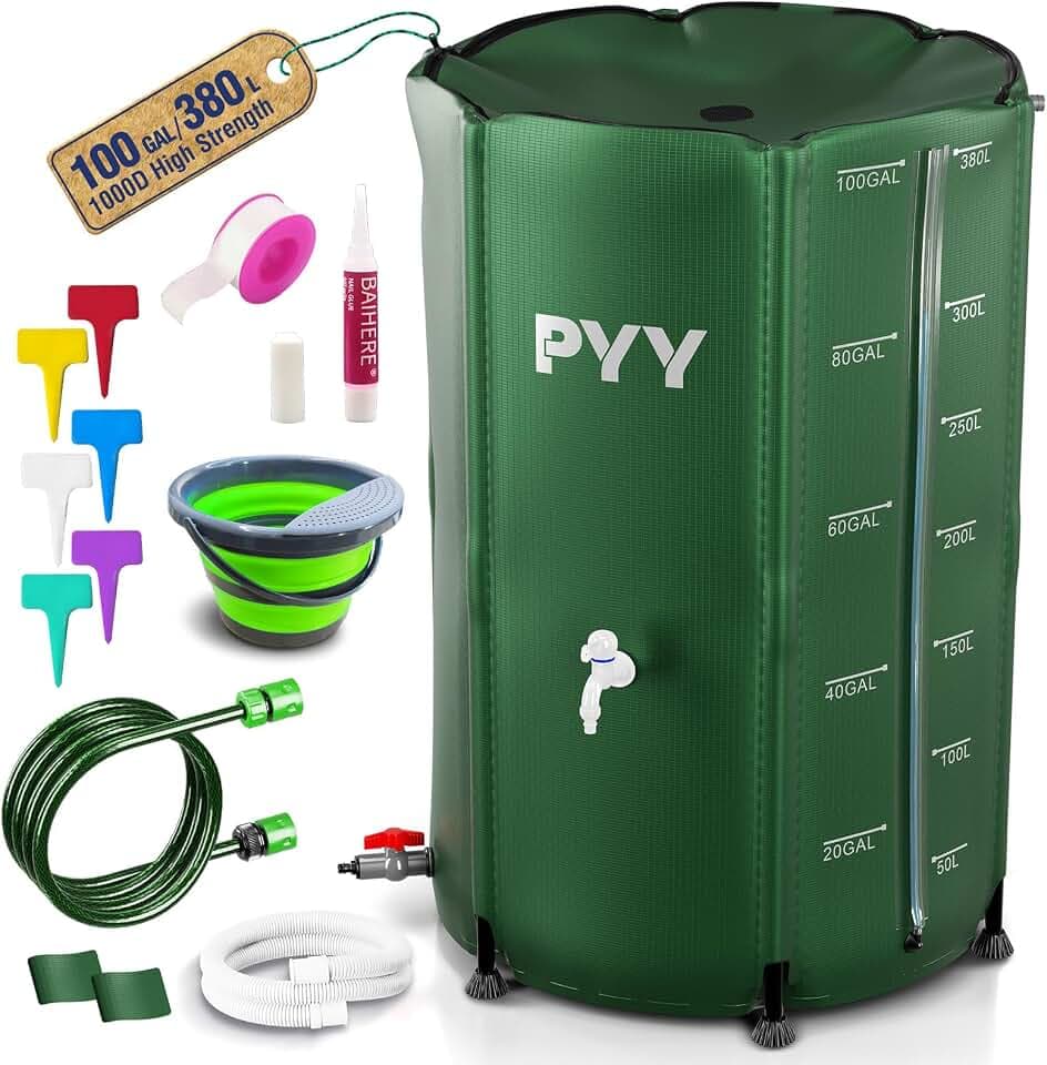 PYY Rain Water Collection Barrel - 100 Gallon Green Large Water Storage Tank with Spigots, Portable Rain Catcher to Collect Rainwater from Gutter, Plastic Rain Catchment System with Collapsible Bucket