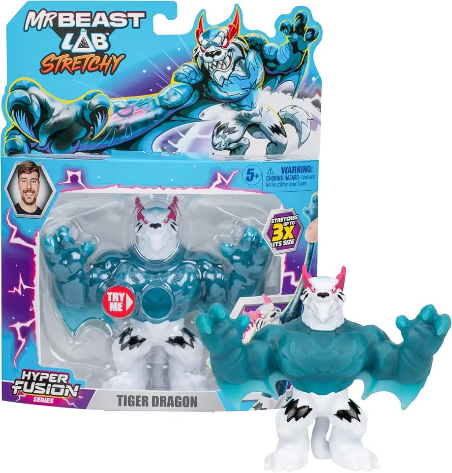 MrBeast Lab - Hyper Fusion Stretchy Hero, Tiger Dragon, 5 Inch (12.7CM) Goo Filled Standing Figure, Stretch Up to 3 Times His Size, Collect All 3; Cobra Panther, Tiger Dragon and Sabertooth Squid