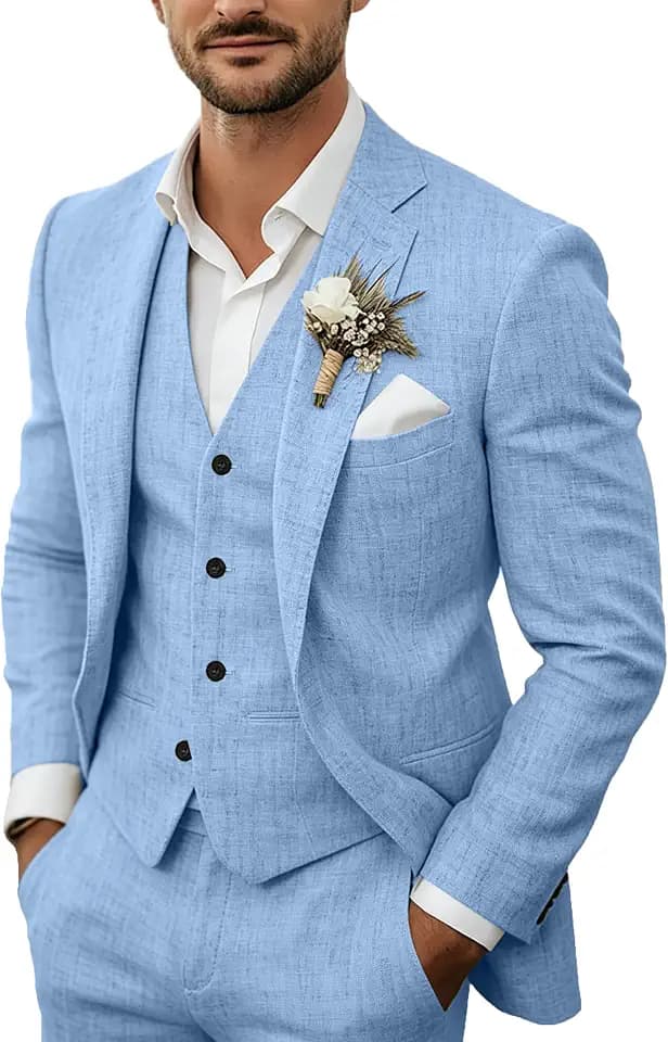 Men's 3 Piece Linen Suits Casual Lightweight Blazer Jackets Vest Pants Set