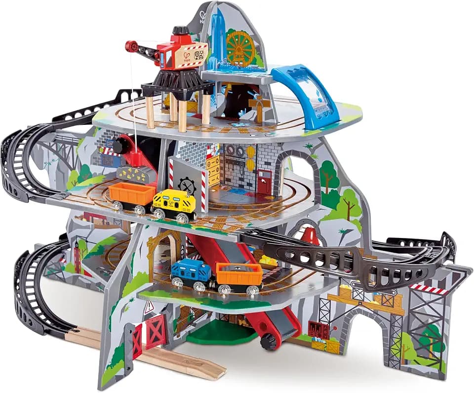 Hape Wooden Railway Mighty Mountain Mine Railway Playset| 4-Level Railway Train Track Playset with Crane and Magnetic Train Cars for Kids