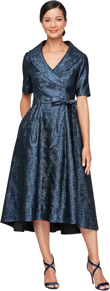 Alex Evenings Women's Portrait Collar Dress with Full Skirt, Pockets, and Tie Belt