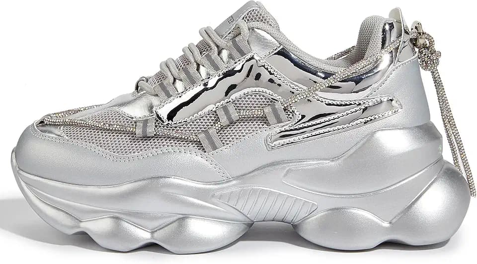 LUCKY STEP Women's 90s Chunky Sneakers Sparkly Bling Rhinestone Rope Platform Casual Thick Dad Rave Walking Shoes