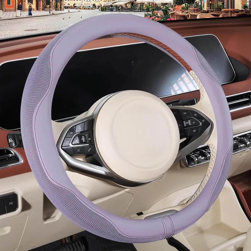 Nappa Leather Ice Silk Fabric Purple Steering Wheel Cover