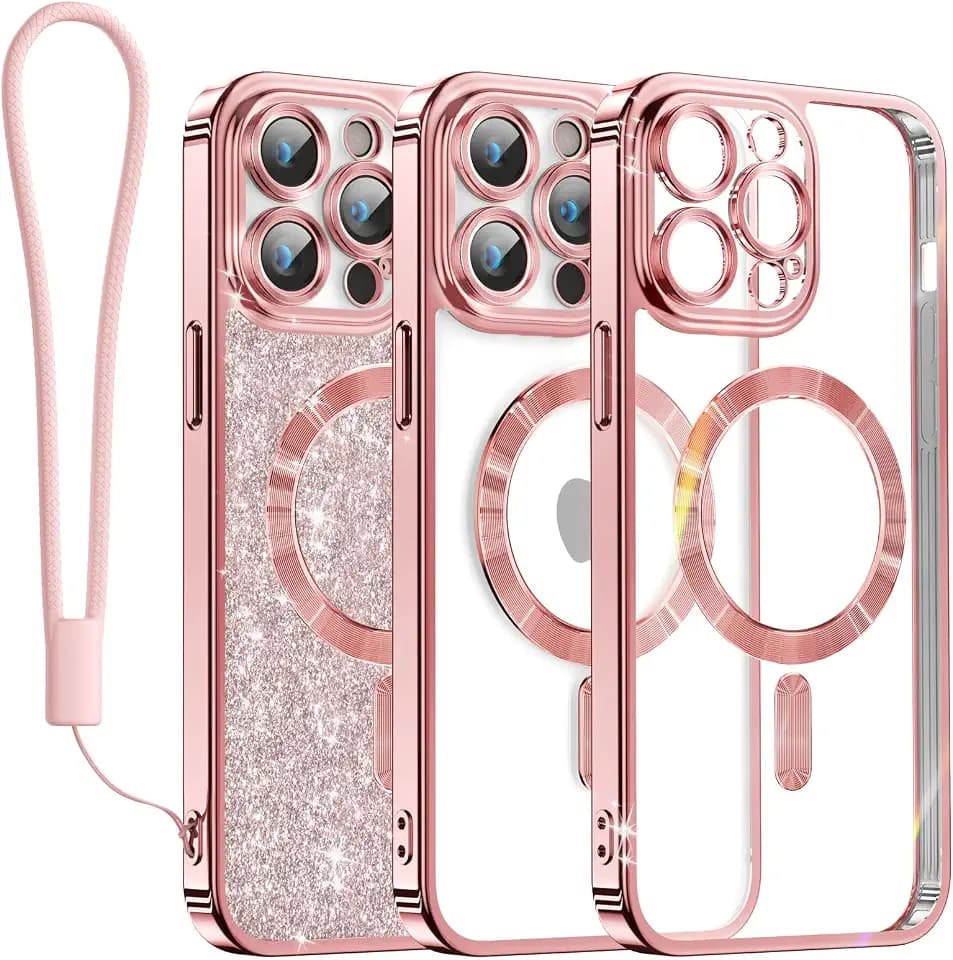 Meifigno Candy Mag Series Case for iPhone 14 Pro, [Compatible with MagSafe] [Glitter Card & Wrist Strap] Full Camera Lens Protection for iPhone 14 Pro Case Women Girls, Rose Gold