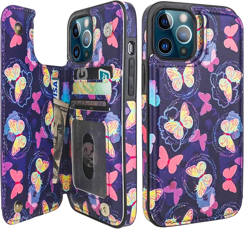 HAOPINSH Wallet Case Card Holder for iPhone 12 Pro Max, Pink Butterfly