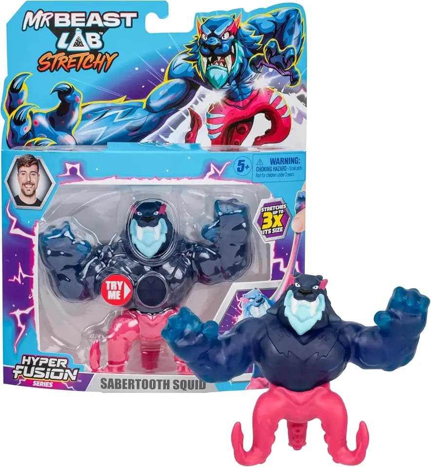 MrBeast Lab - Hyper Fusion Stretchy Hero, Sabertooth Squid, 5 Inch (12.7CM) Goo Filled Standing Figure, Stretch Up to 3 Times His Size, Collect All 3; Cobra Panther, Tiger Dragon and Sabertooth Squid