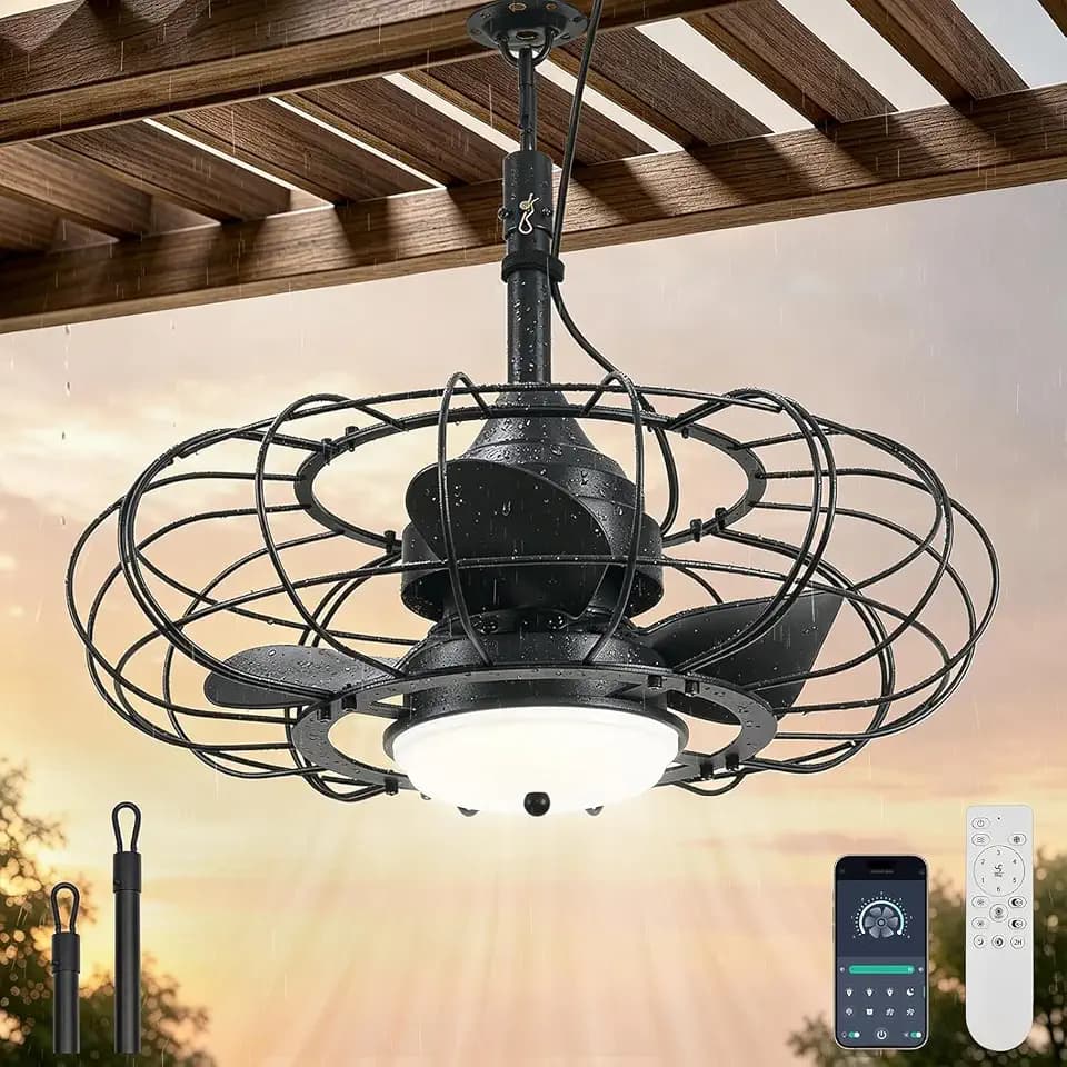 AHAWILL 20" Black Outdoor Ceiling Fan with Light and Remote/APP,3CCT 6 Speed Gazebo Fan Outdoor Hanging Hook,IP65 Waterproof Plug in Ceiling Fan for Patios, Garage, Porch, Pergola,Canopy