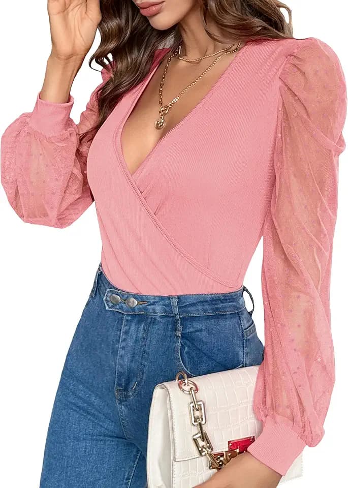 Fayenne Womens Tops Deep V Neck Cross Wrap Sexy Tops Polka Dot Mesh Long Sleeve T Shirt Casual Blouses