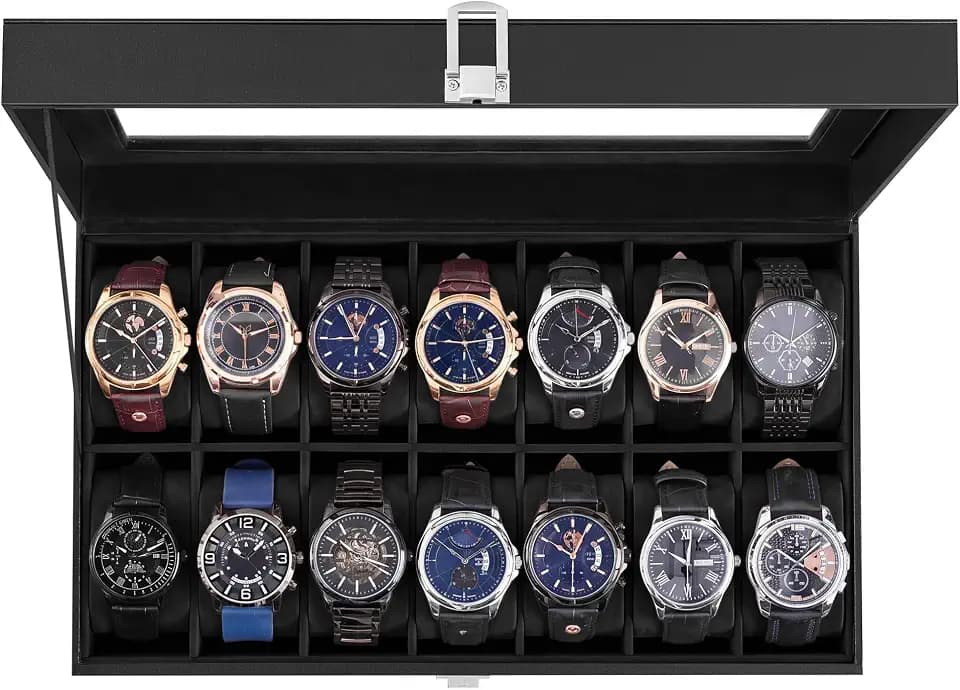 SONGMICS Watch Box, 14-Slot Watch Case with Large Glass Lid