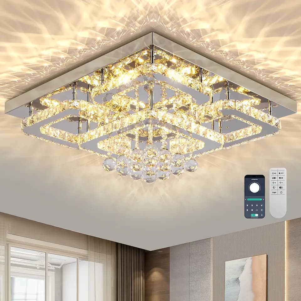 24" Crystal Ceiling Light Flush Mount With Remote and APP Control Silver
