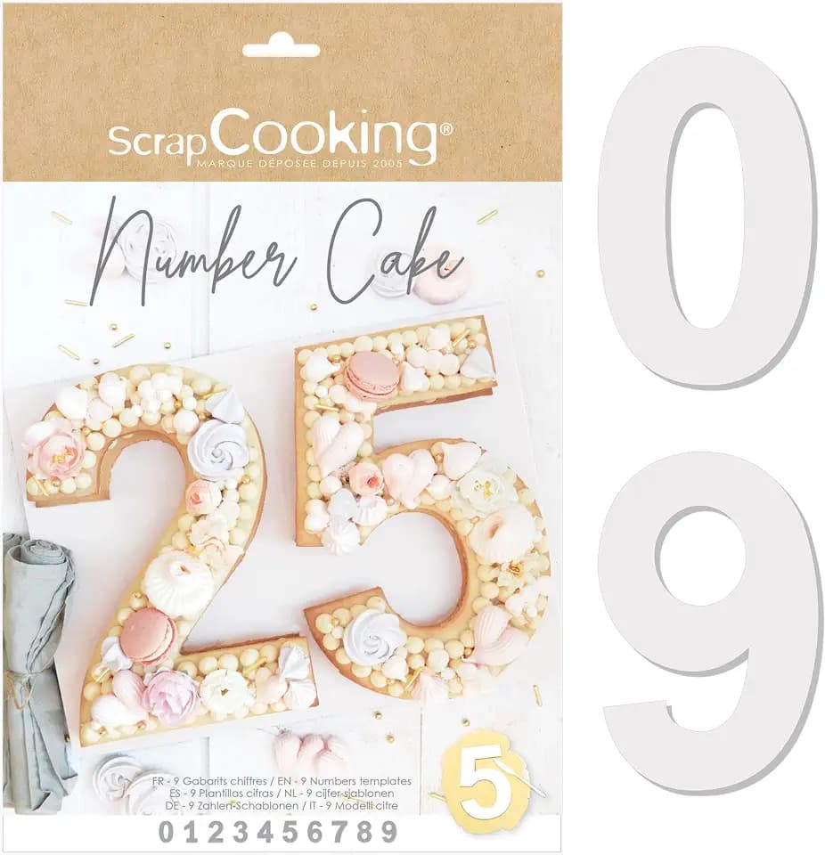 ScrapCooking - Number Cake Kuchenform Set - Zahlen 0 bis 9 - Höhe 28 cm / 11 Zoll - Zahlenform Backformen Schablonen Backzubehör - Kunststoffschablonen Geburtstag - Mit Rezepten - 3927