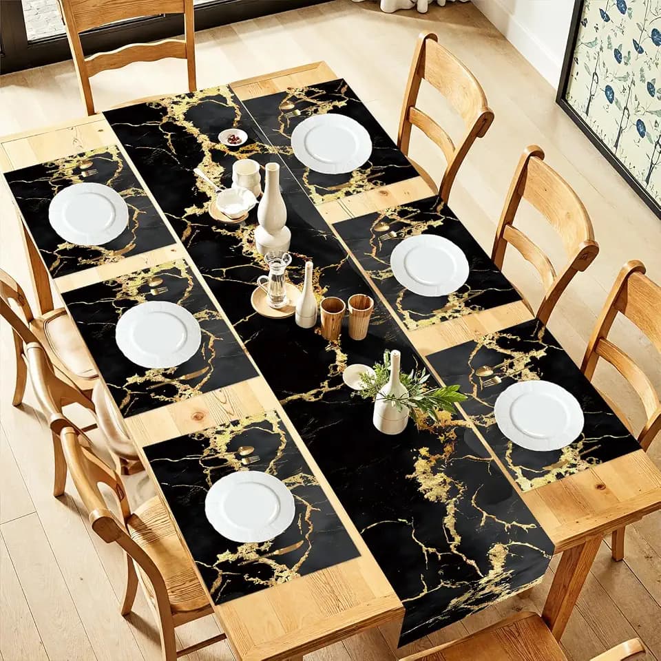 ANNA QUEEN Gold and Black Marble Table Runner and Placemats Set of 6 – Elegant 13"x72" Table Runner with 12"x18" Placemats, Luxury Dining Table Decor for Kitchen, Modern Home Décor, Party