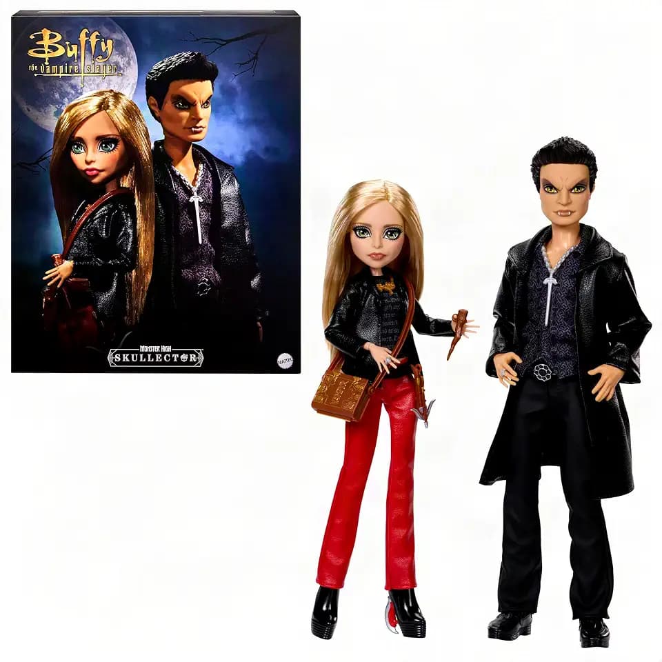 Monster High Skullector Buffy & Angel Dolls, Buffy The Vampire Slayer Collectible 2-Pack with Faux Leather Clothes, Accessories Like Stake & Crossbow​​ ​(Amazon Exclusive)