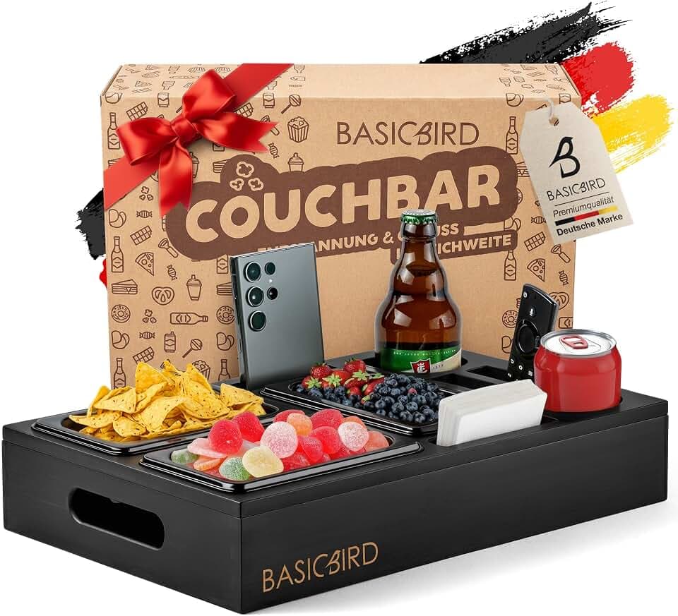 BASICBIRD® Couchbar Snackbox – Holz Sofatablett für Sofa (Black Edition)