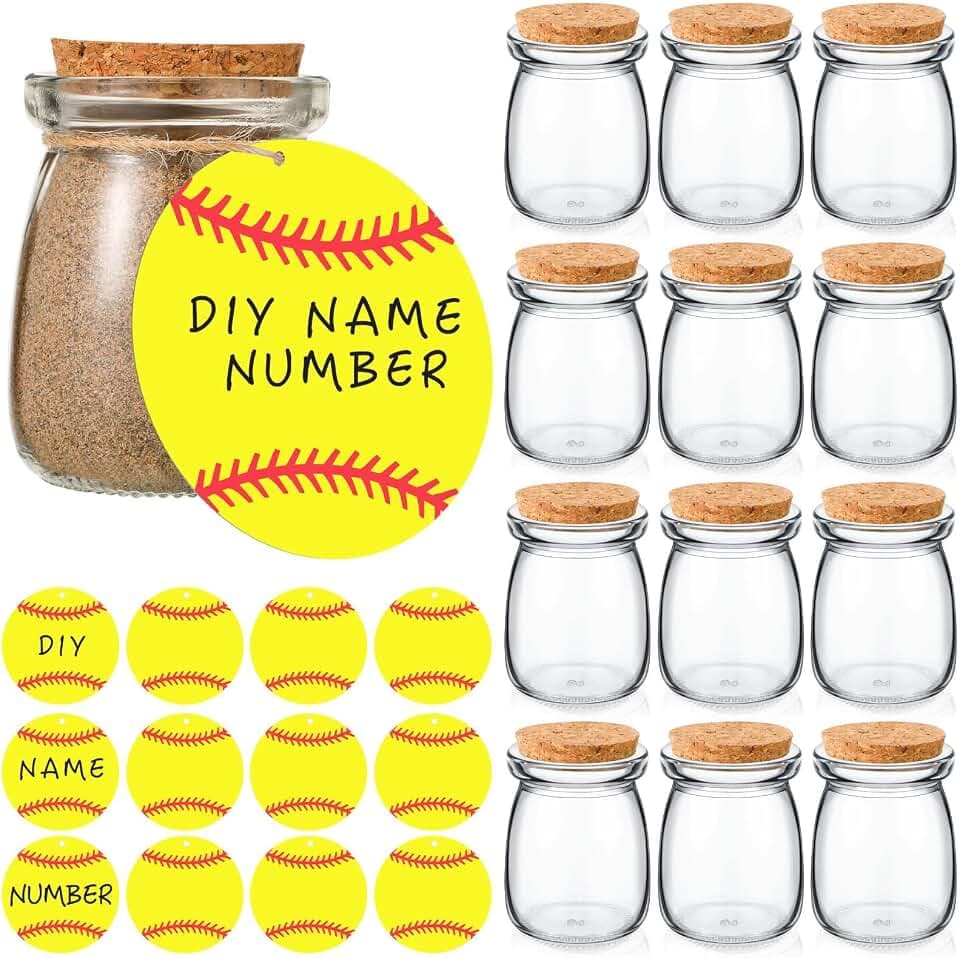 Pickmesh 12 Set Sport Senior Night Gift, Glass Jar for Dirt with Acrylic Blanks for Sport Senior Night Gift Party Favor(Softball)