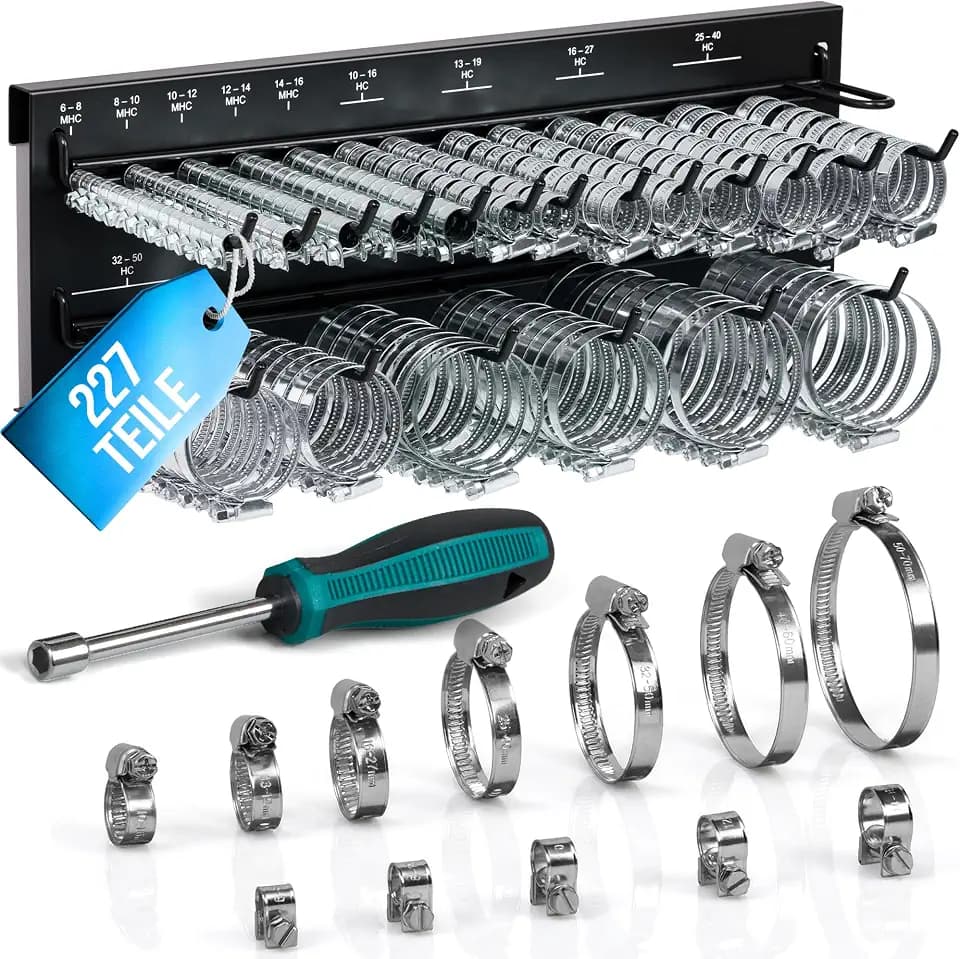 GRAFT Schlauchschellen Wandhalter Set | 227 Stück | Inklusive Halterung und Schraubendreher | Rohrschellen Set | Einstellbare Schlauchklemmen | Schlauchschelle Sortiment | Organizer Rack