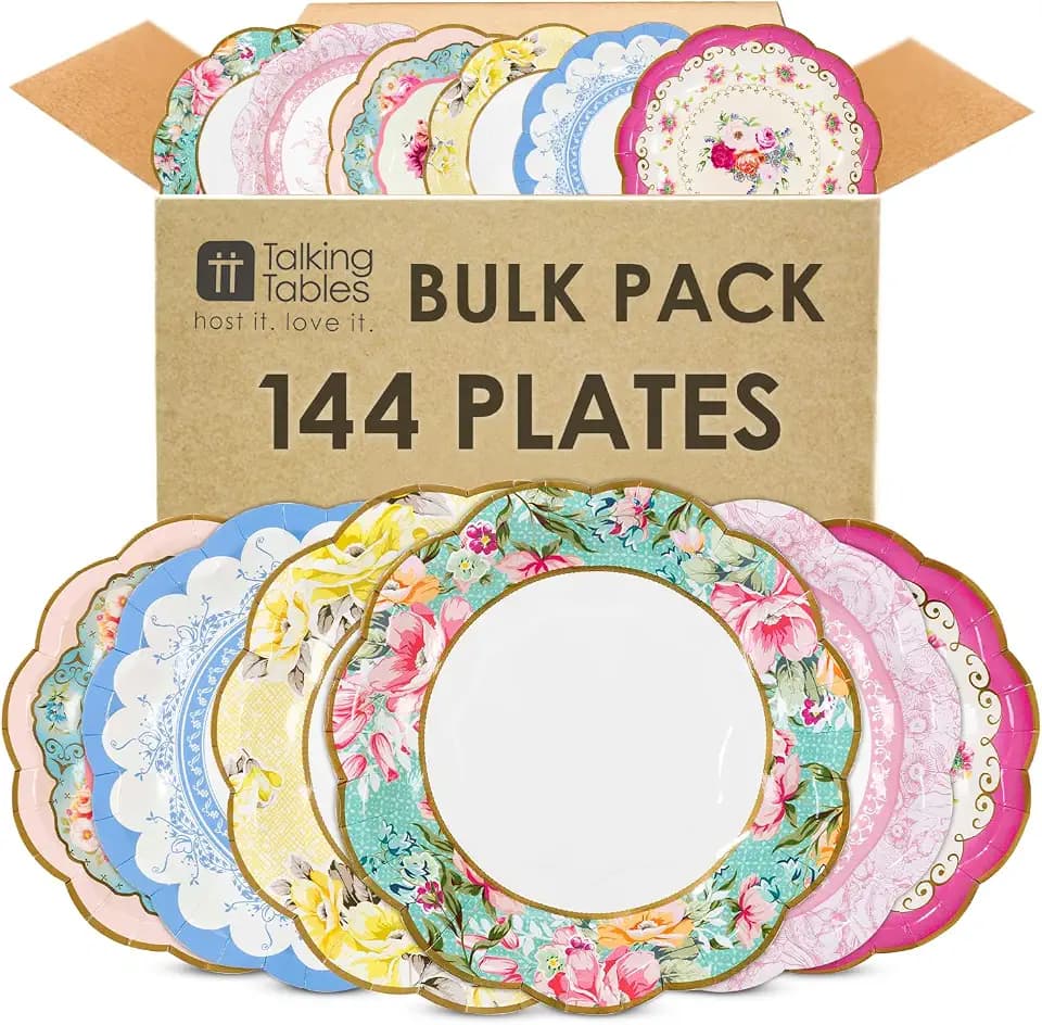 Talking Tables 144 x Bulk Pack Floral Disposable Paper Plates Pretty Fancy Plates Afternoon Tea Party Table Decorations for Birthday Mother`s Day Baby Shower Wedding, Bridal Shower 6.7 Inches