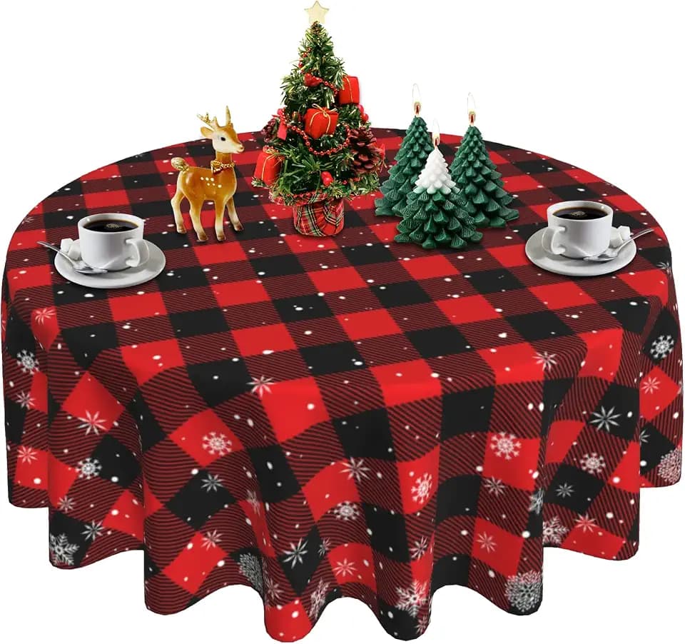 Christmas Snowflake Tablecloth 60 Inch Round, Red Black Buffalo Plaid Cover