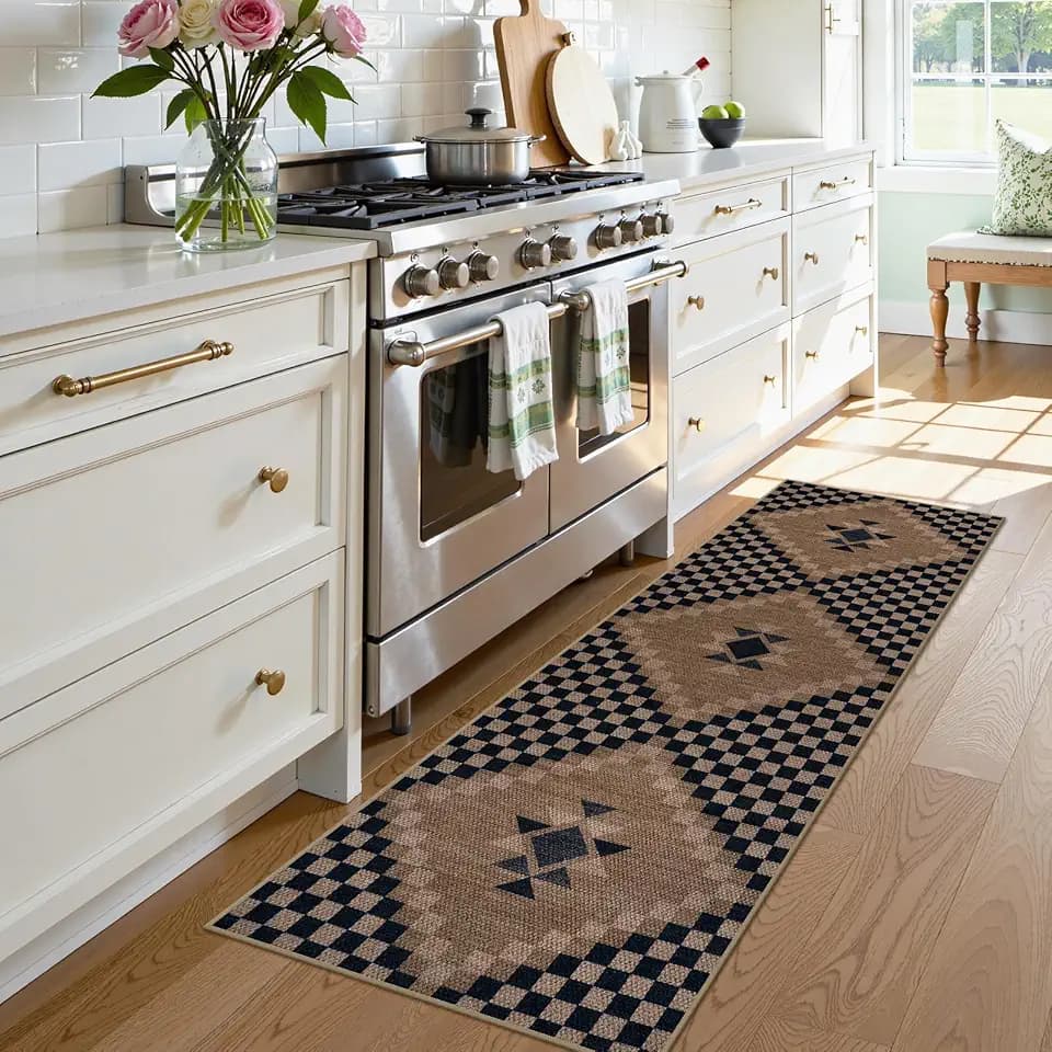 LIVEBOX Easy Jute Checkered Rug Runners for Hallways Non Slip, 2x5 Washable Rug for Kitchen Ultra Thin No Shed Jute Rugs Entryway Runner, Black and Beige Farmhouse Throw Carpet for Bathroom Laundry