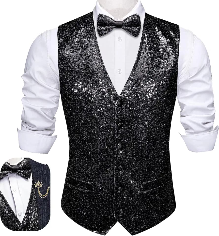 Barry.Wang Herren-Weste, Pailletten, Weste, Fliege, Reversnadel-Set, V-Ausschnitt, Abschlussball, Party, Smoking, Hochzeit, für Herren, Kleid, Anzugweste, S-3XL