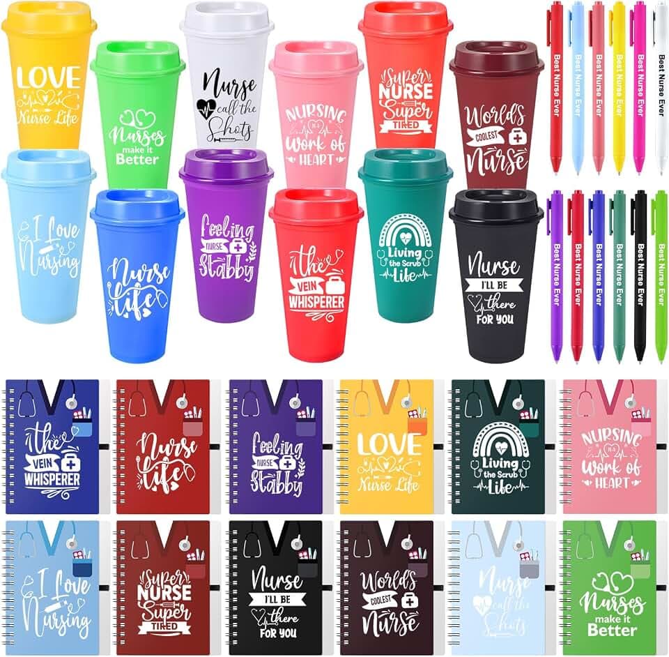 Skylety 36 Pcs Nurse Gifts Set 12 Appreciation Tumbler 12 Notebooks Motivational Journals 12 Thank You Ballpoint Pens 2026 Nurse Water Glasses Week CNA for Women(Bright Colors,16oz,Happy Life)