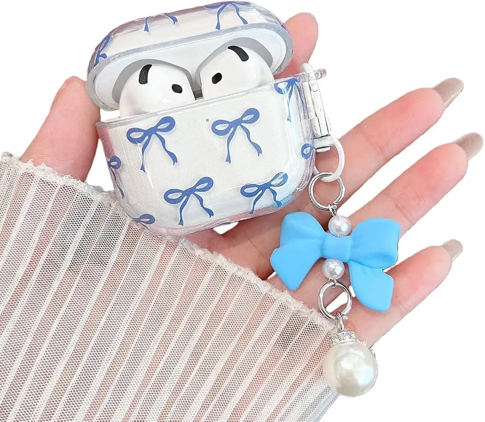 MINSCOSE for AirPods 4 Clear Case,Cute Ribbon Bow Pattern Girly Design with Kawaii Bow Pearl Keychain,Soft TPU Protective Shockproof Case for Women Girl for AirPods 4-Dark Blue