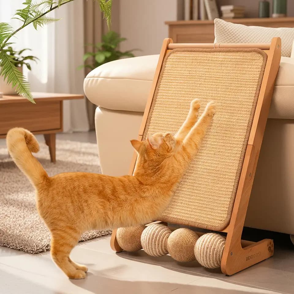 CHEERHOME PETS Sisal Cat Scratcher Ramp with Balls L-Shape Wooden(Upgraded)