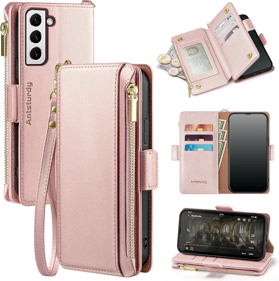 Antsturdy Compatible wiht Samsung Galaxy S22 case Wallet with Card Holder for Women Men Phone case RFID Blocking PU Leather Flip Shockproof Cover with Strap Zipper Credit Card SlotsRose Gold
