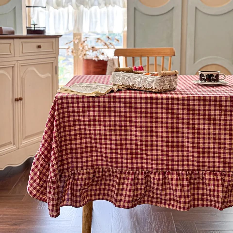 NSNLGSGC Red Plaid Gingham Ruffled Tablecloth, 58"x84"